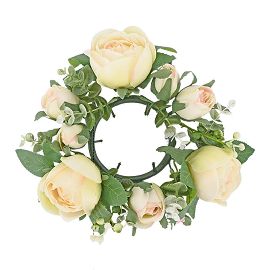 Artificial Rose Candle Rings Wreath Mini Floral Wreaths Pillar Candle Holder with Blooming Flowers and Green Leaves for Wedding Party Home Table Centerpieces Decor (Beige)