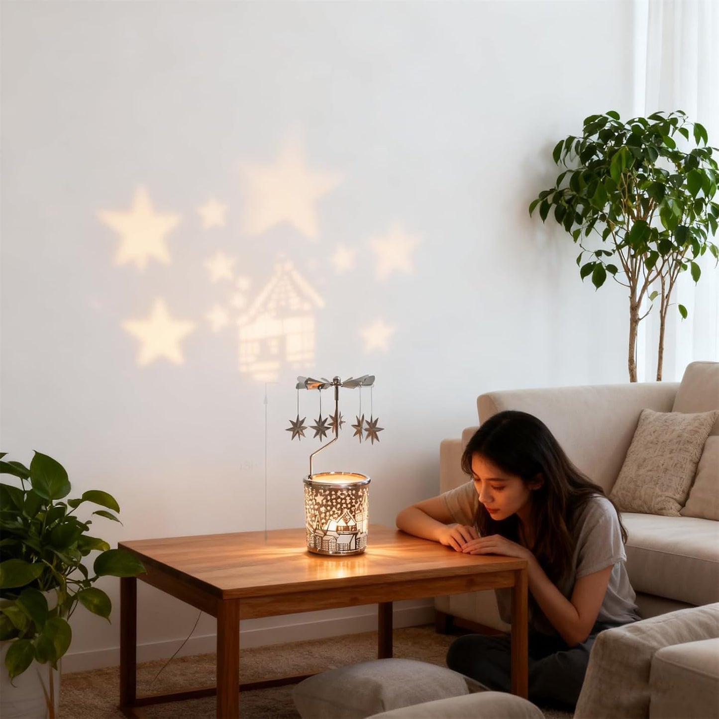 adkinzim Rotary Candle Holders Spinning Tealight Holders Carousel for Tabel Decoration for Children Friend (SIilver Stars)