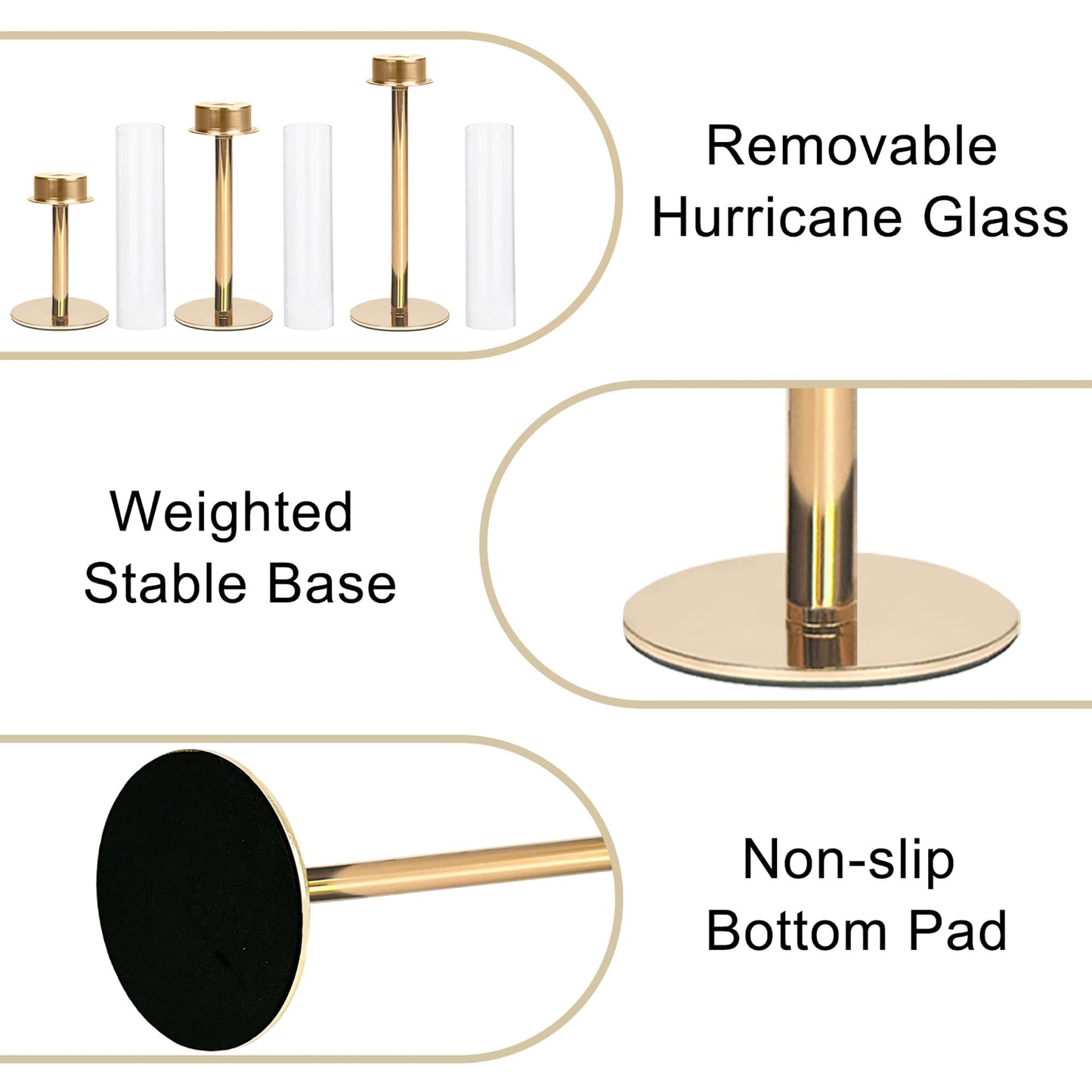QTRQTR 3 PCS Gold Hurricane Candle Holders Fluted Glass Candlestick Holder