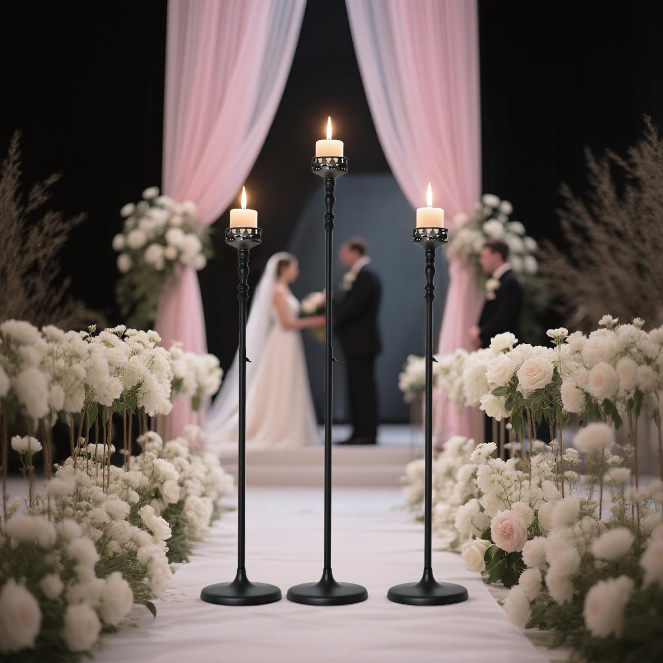 Floor Candle Holder Centerpieces for Tables,3Pcs Black Candle Holder for Pillar Candles Matte Metal Candlestick Set for Wedding Party Home Candles Holder for Ceremony Mantel Decor (Adjustable Height