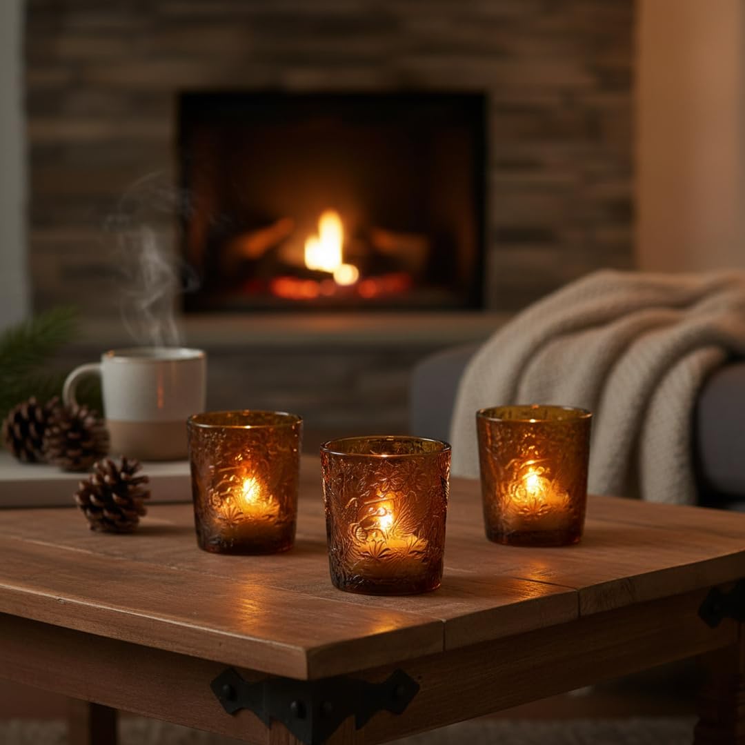 6 Pack Hummingbird Embossed Glass Candle Holders Votive Tealight Holders with Patent Design, Decorative Glass Cups for Wedding Centerpieces, Parties, and Home Decor (Chestnut Brown)