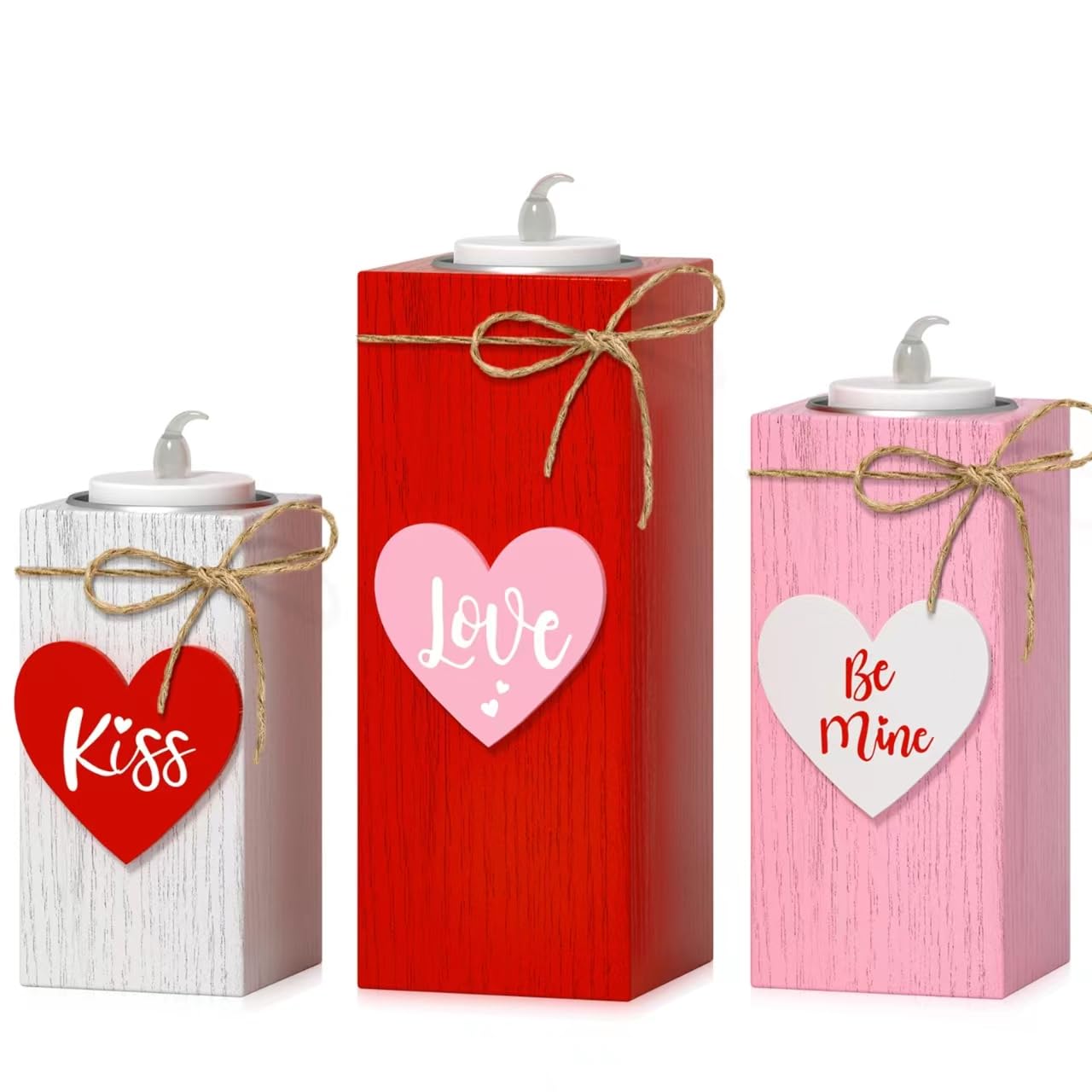 CRCZK Valentine's Day Votive Candle Holders Set of 3 Wooden Tea Light Holders with Battery Operated LED Ideal for Tabletop Decorations & Centerpieces Romantic Elegant Design for Festive Ambiance