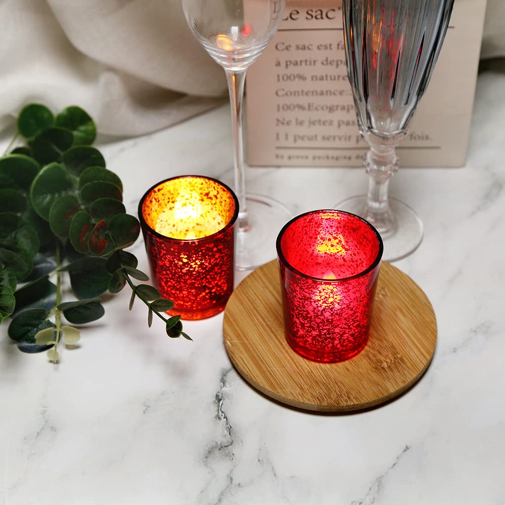 BTGLLAS 24pcs Red Glass Tea Light Holders - Votive Candle Holders Bulk for Weddings Events - Glass Votives for Wedding Centerpieces, Christmas, Thanksgiving - Candle Accessories Decor (24, Red)