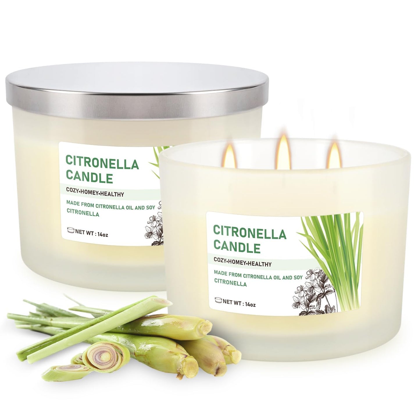 Citronella Candle Set of 2, 14oz Frosted Jar Triple-Wick, Clean & Smokeless for Outdoor Patio, Garden, Deck, Porch Ambiance with Natural Citronella Scent