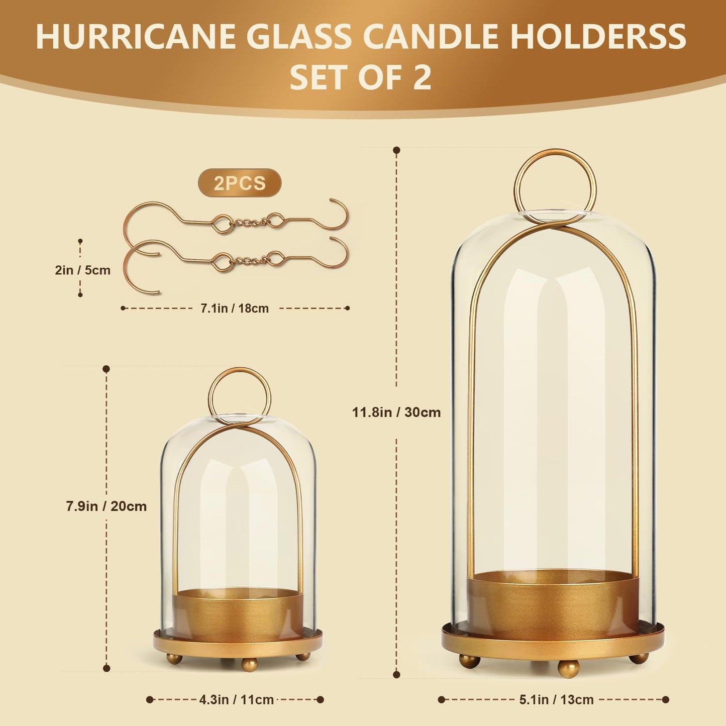 5"&4" Hurricane Glass Candle Holder Set - Metal Frame with Glass Chimney, Hanging Brass Metal Candle Holder, Pillar Candle Lantern for Wedding Party Holiday Dining Table Mantel Home Decor