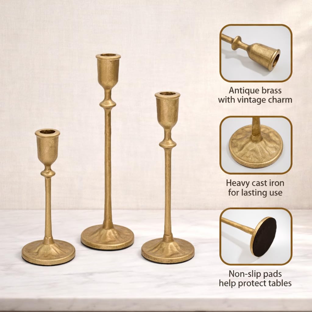PUKUPIG Candlestick Holders, Set of 3 Taper Candle Holders with Heavy Duty Weighted Base, Matte Brass Gold Metal Stands for Wedding, Mantel & Table Decor, Fits 3/4" & 7/8" Candles