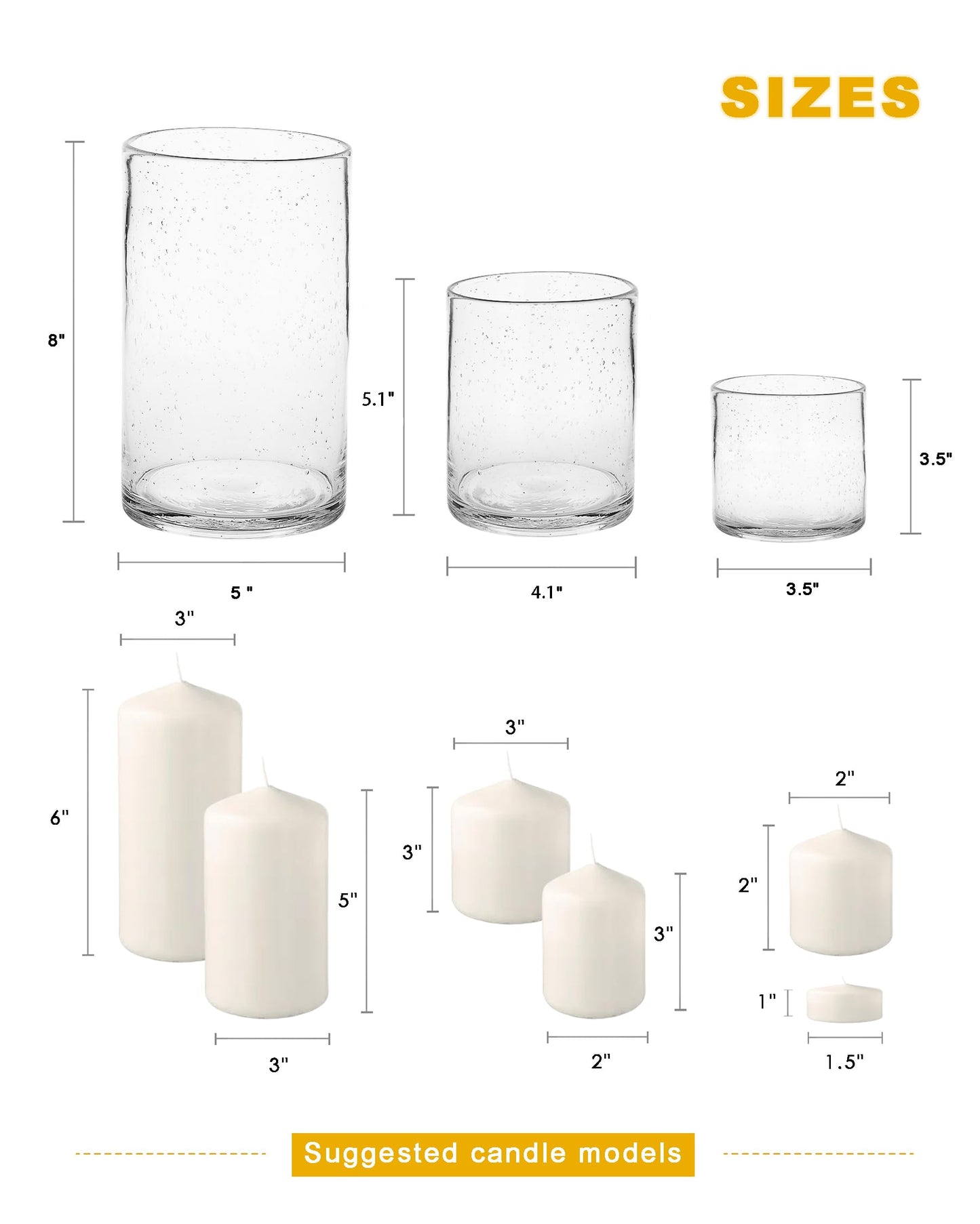 ARIAMOTION Glass Candle Holders Set, 3 Sizes 8" 5" 3.5" Height