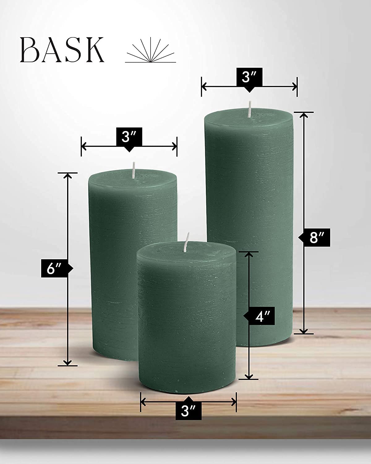 BASK Mottled Dark Green Pillar Candles - Unscented, Dripless, Smokeless Set of 3 for All Occasions