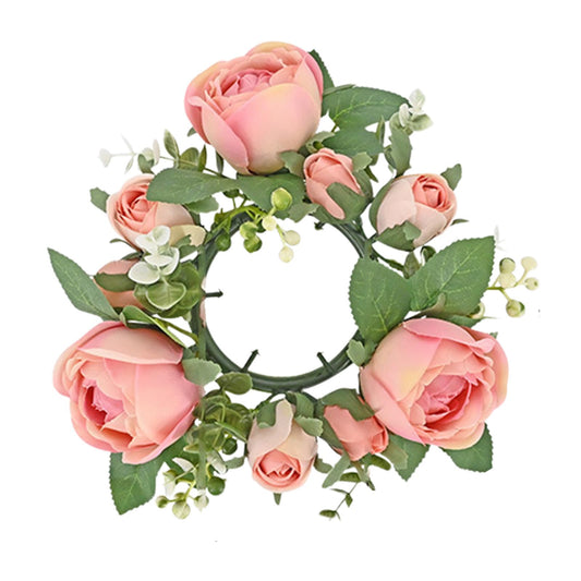 Artificial Rose Candle Rings Wreath Mini Floral Wreaths Pillar Candle Holder with Blooming Flowers and Green Leaves for Wedding Party Home Table Centerpieces Decor (Pink)