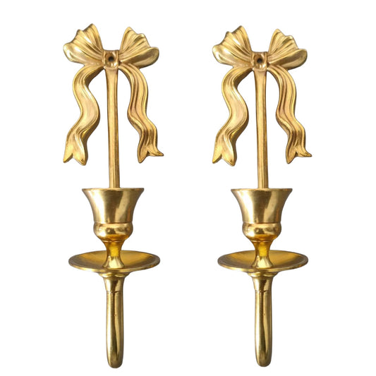 TerkCo Brass Wall Candle Sconces Wall Decor Set of 2, Antique Gold Bow Candle Stick Holders,Wall Mounted Home Decoration,for Living Room,Dining Room, Bedroom（No Candle (Gold 1)