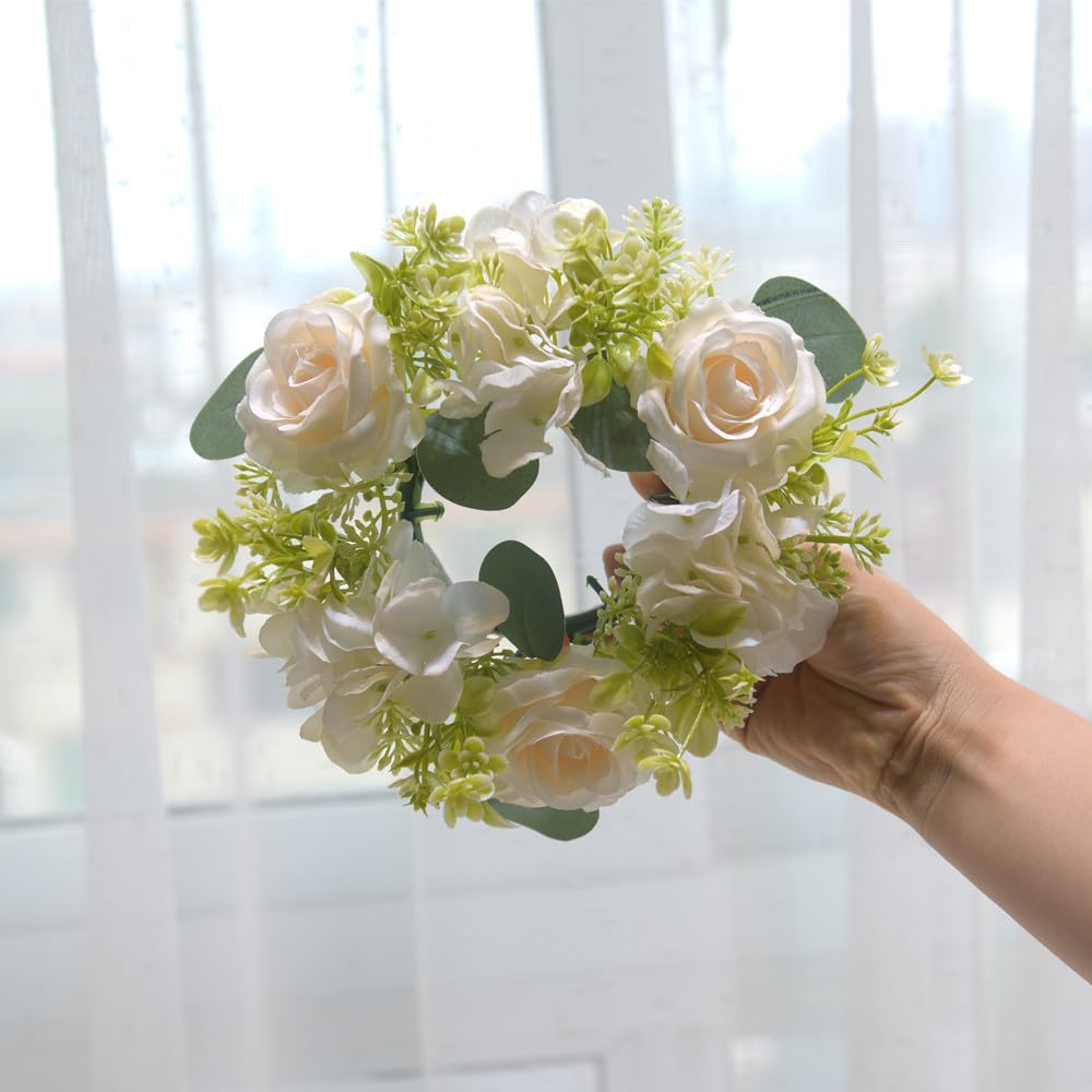 4 Pcs Candle Rings Wreaths,Artificial Hydrangea Wreath Candles Wreaths for Pillars Christmas Wedding Home Table Party Decoration (White)