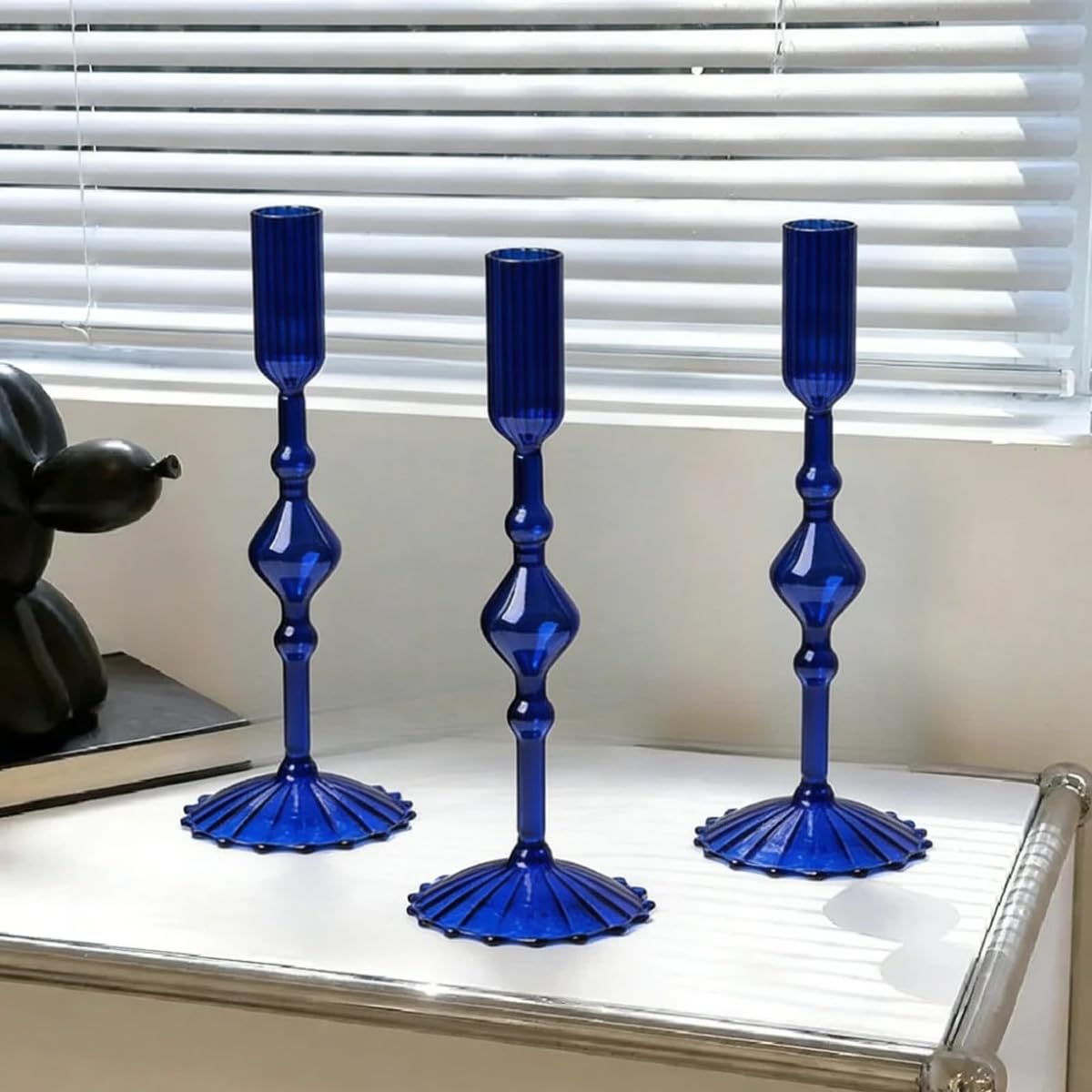 Mineaud 3Pcs Glass Candlestick Holders Glass Taper Candle Holders Groovy Wavy Elegant Candle Stick for Home Party Decoration,Styled-Blue