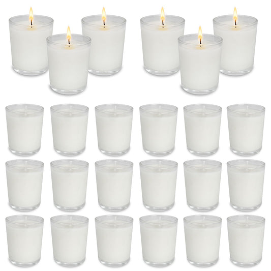 24 Pack White Unscented Clear Glass Filled Votive Candles. Hand Poured Wax Candle Ideal Gifts for Spa Weddings Birthdays Holidays Party.