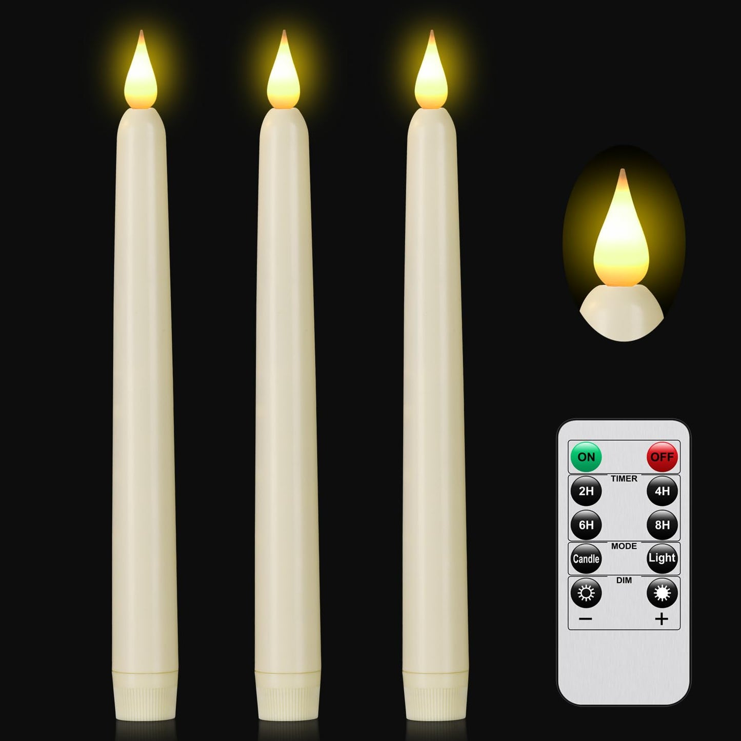 Hanzim Flameless Taper Candle with Remote Control, 3pack Plastic LED Candles, Flickering Battery Operated, 9.2''Classic Tall Candles for Wedding, Party,Christmas,Home Decor (Ivory)