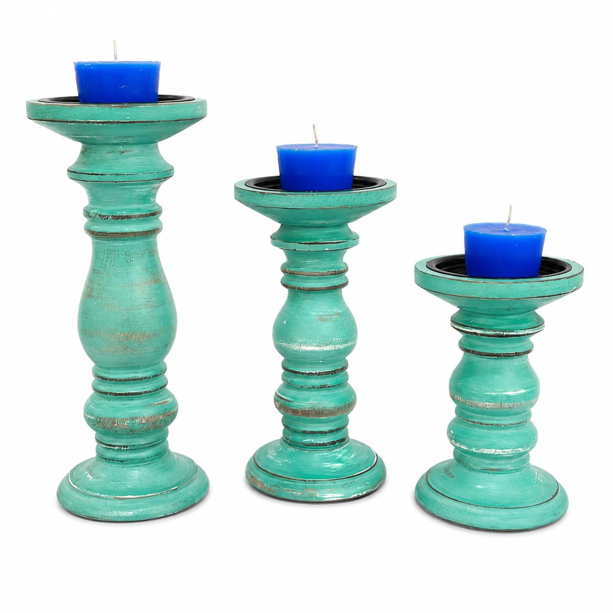 Wooden Pillar Candle Holders Set of 3, Pillar Candles,Gifts for Wedding,Party,Home, Candle Gardens Gifts - 10 Inch, 8 Inch, and 6 Inch (Green)