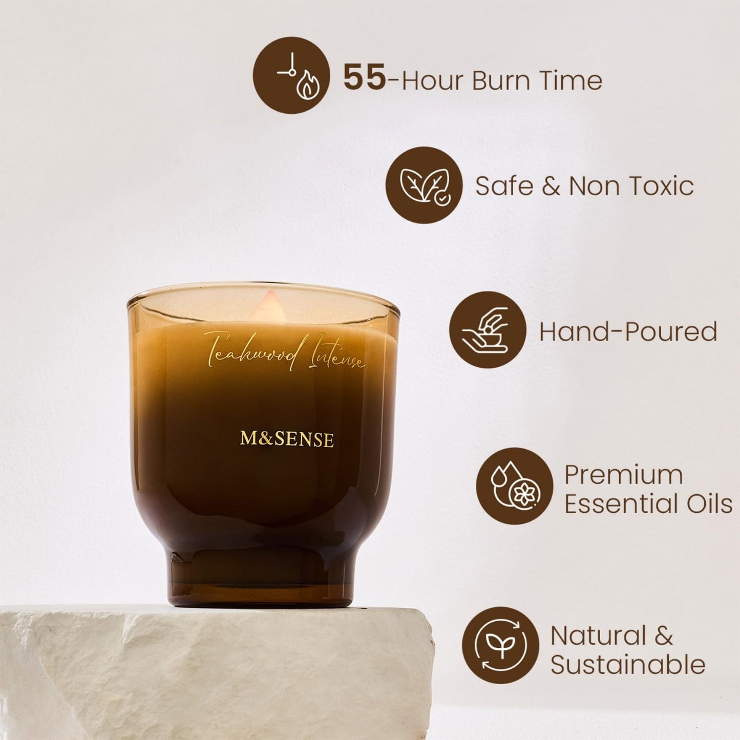 M&SENSE 9.9oz Natural Soy Wax Jar Candle with Wooden Wick | Teakwood Intense Scent | 55-Hour Burn & Long-Lasting Burn | Housewarming Gift for Men and Women