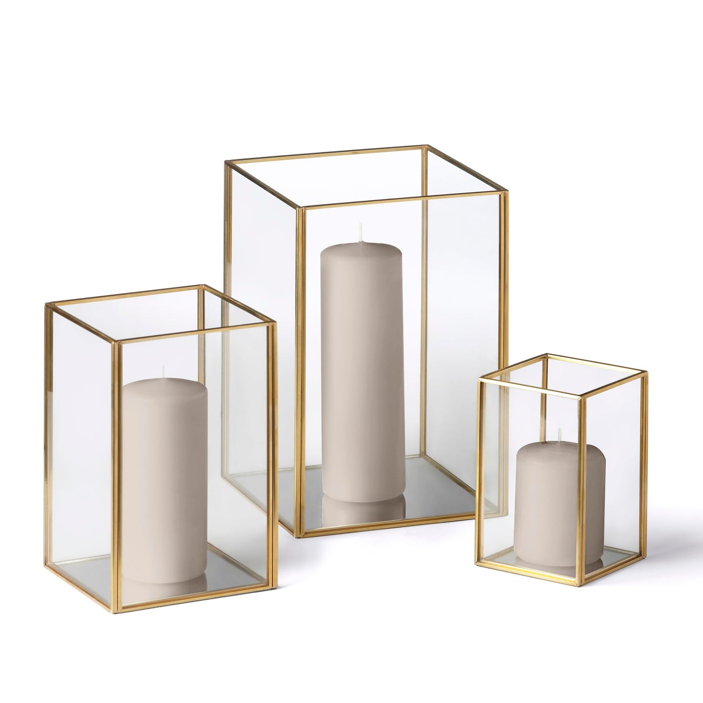 Yummi Set of 36 Slim Pillar Candles & Gold Luxus Lanterns - Taupe