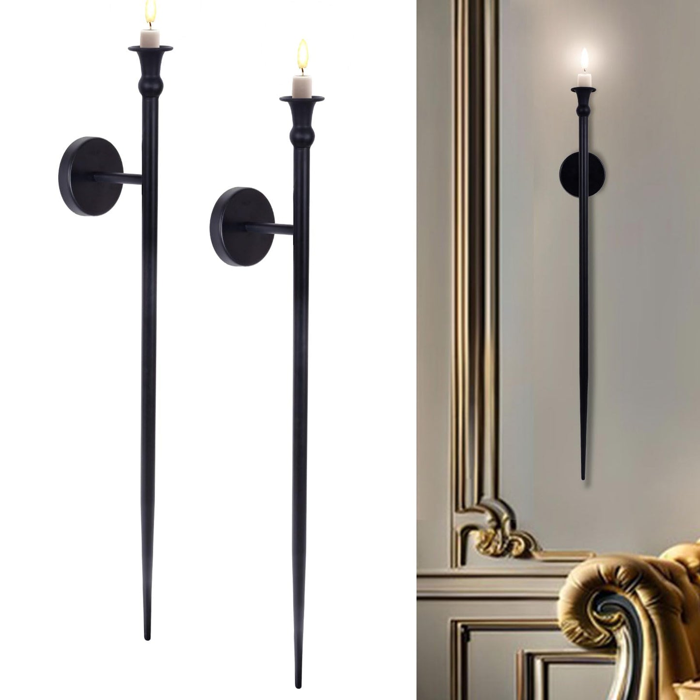Candle Sconces Long Wall Candle Holder - 33" H Set of 2 Black Long Wall Candle Sconce Retro Chic Wall Sconces Candle Holder Decoration for Dining Room, Living Room, Office, Bathroom