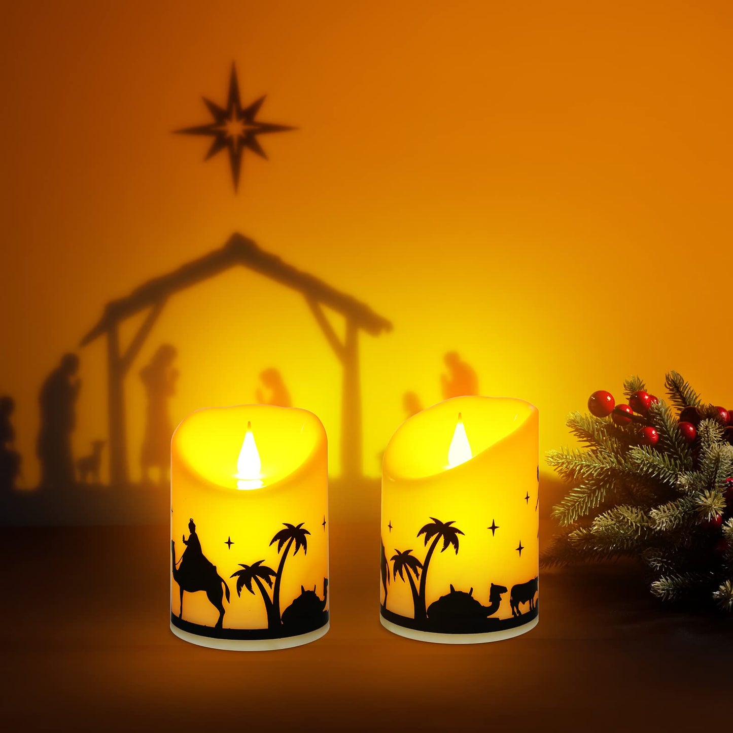Treela 2 Pieces Christmas Flameless LED Candles with 8h Timer, Battery Operated Plastic Pillar Rustic Candles Warm Light with Decals for Adventure Table Home Decor, D3 x H6 (Nativity)
