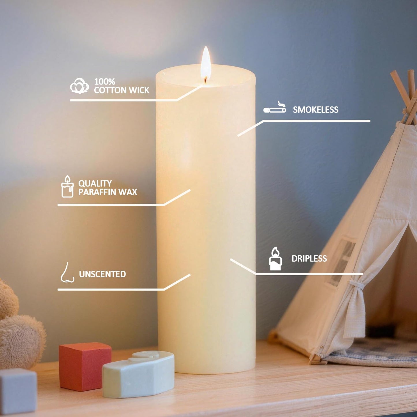 CHICERA 24-Pack Ivory Unscented Pillar Candle Set - 2x3, 2x6, 2x8-inch Long-Burning Drip-Free Tapers, 8 Per Size. Ideal for Home Decor, Weddings, Emergencies, and Holidays.