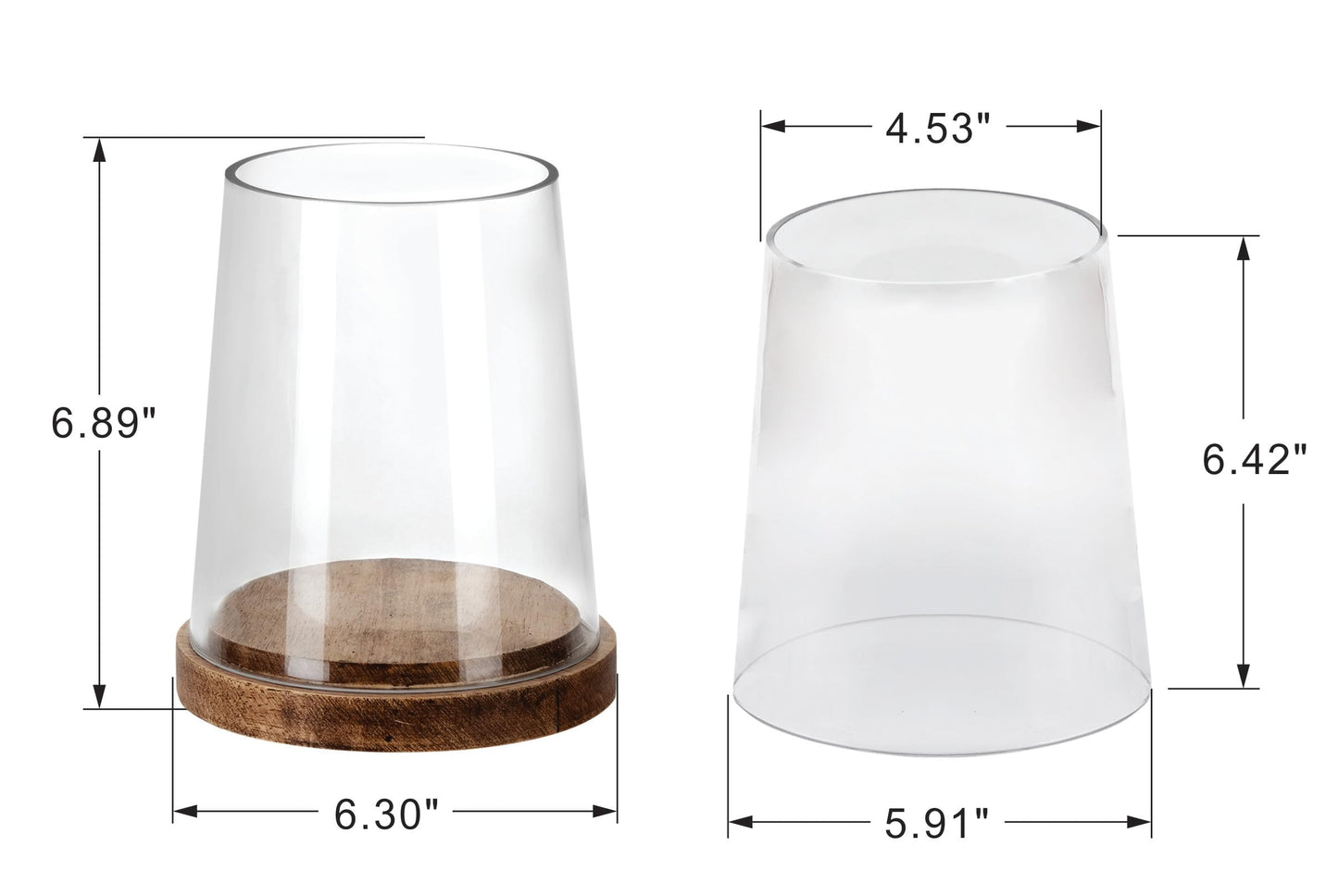 6" Wide Glass Hurricane Candle Holders with Handmade Sturdy Glass Sleeves and Vintage Natural Wood Base for Pillar Candle & Plants, Industrial, Farmhouse, Display Cloche Bell Jars, Table Centerpiece