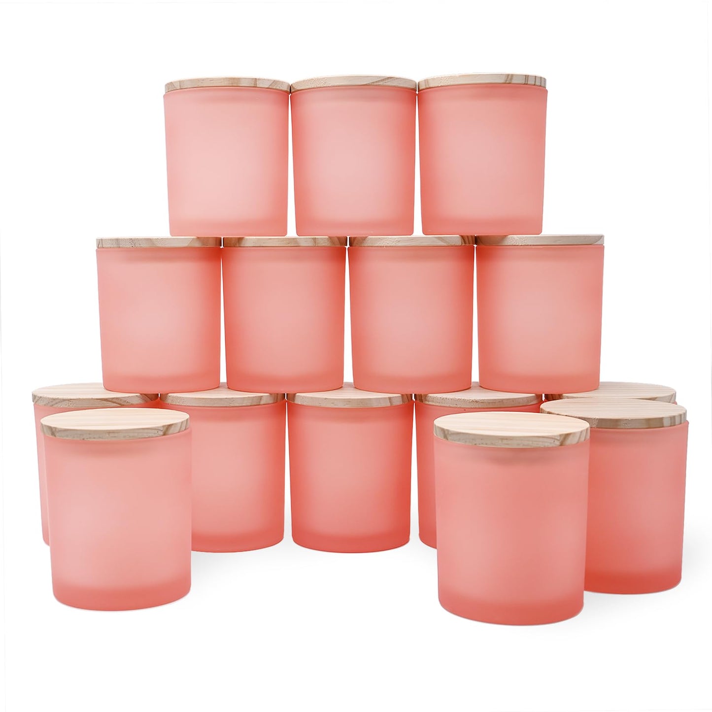 SHOWIN 10 OZ Thick Candle Jars for Making Candles 15 Pcs, Empty Jars with Wood Lids for Candle Making, Sample Container, Frosted Pink