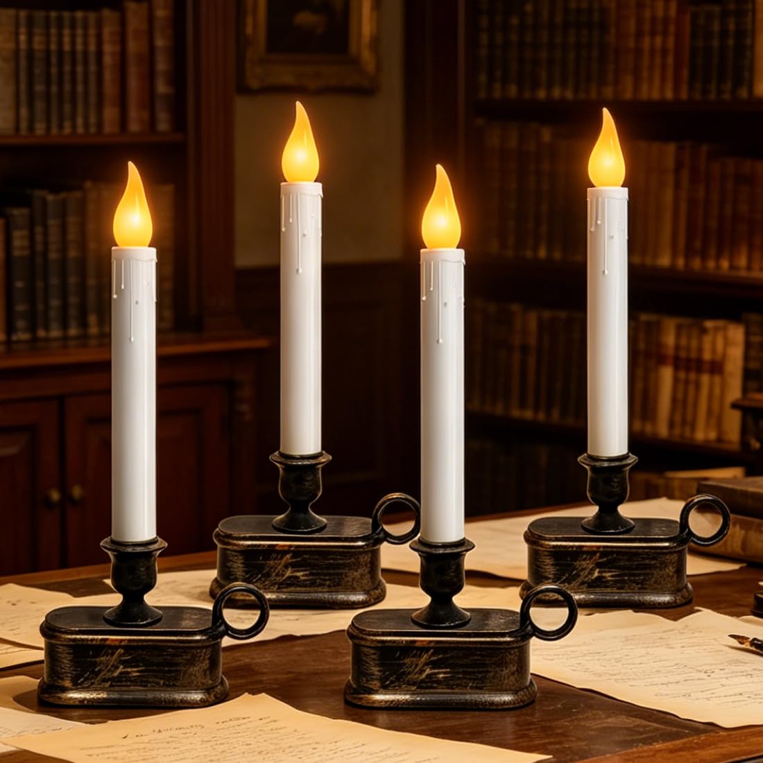 Xingzd 4PK Battery Operated LED Window Candles, Dusk to Dawn Light Sensor, Flicker Flame Christmas Window Candles with Bronze Base, 7.75 Inch Flameless Taper Candle for Table Bedroom Xmas