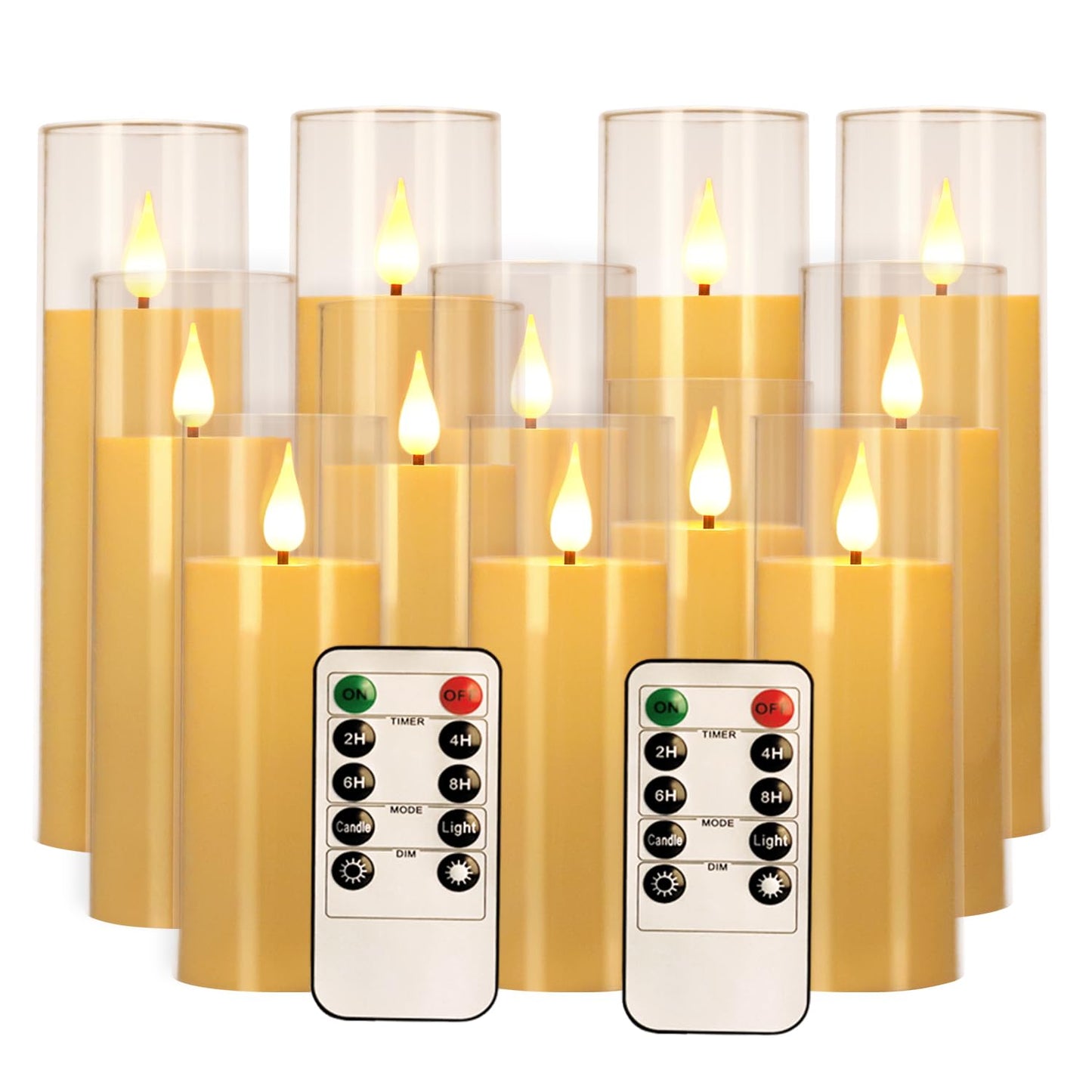 fclayvts 12 Packs of Acrylic LED Candles, Flickering Flameless Candles Battery Operated with Remote Dimmed and Timed, 3D Wick Candles for Home Decor,Wedding,Gift，Parties and Festivals. (3 Size Ivory)
