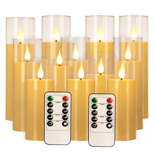 fclayvts 12 Packs of Acrylic LED Candles, Flickering Flameless Candles Battery Operated with Remote Dimmed and Timed, 3D Wick Candles for Home Decor,Wedding,Gift，Parties and Festivals. (3 Size Ivory)