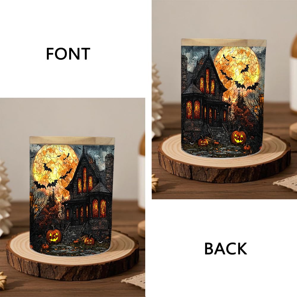Halloween Horror House Tealight Candle Holder, Pumpkin Candle Jar Tea Light Holder, Stained Glass Halloweens Night Tealight Holders Candlesticks Gift for Halloween Christmas Thanksgiving