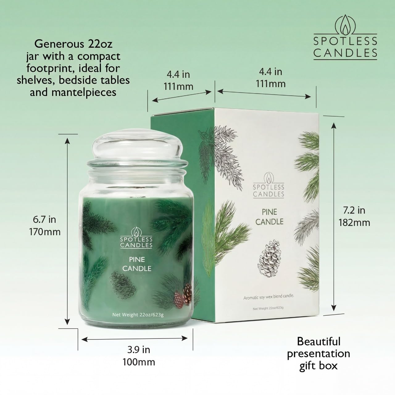 Pine Candle 22oz: 130 Hours Burn Time Hybrid Soy Candles Crackling Wooden Wick, in a Luxury Gift Box in a Protective Shipper by Spotless Candles
