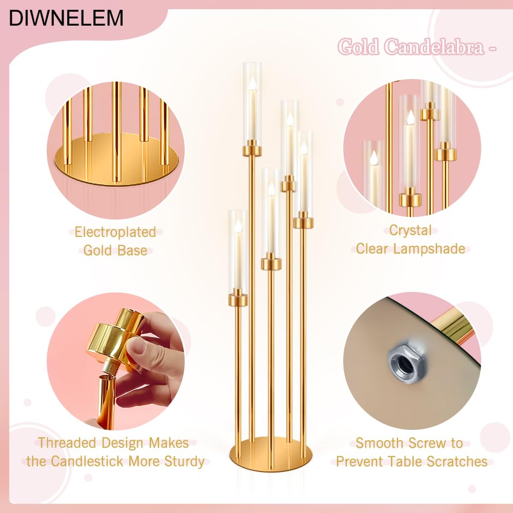 DIWNELEM 4 Pcs Gold Candelabra Centerpieces 5 Arm 42" Tall Metal Candle Holder Floor Candelabra Wedding Centerpieces Metal Candlestick Holders with Acrylic Removable Lampshade for Christmas Decoration
