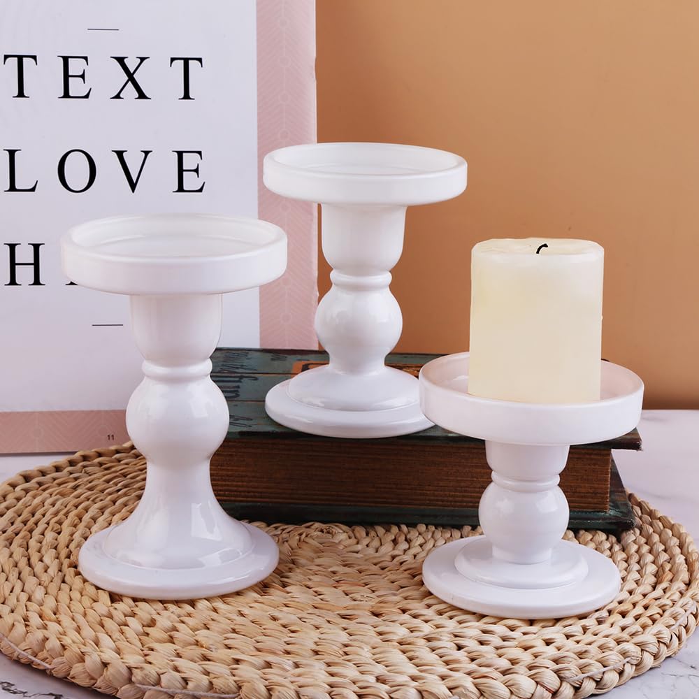 BTGLLAS 6-Piece Set of White Glass Candlestick, Crystal Candlestick Holder Holder and Conical Candle, Christmas Candle Holder Decoration, Family Living Room Wedding Candle Holder (white2sets)