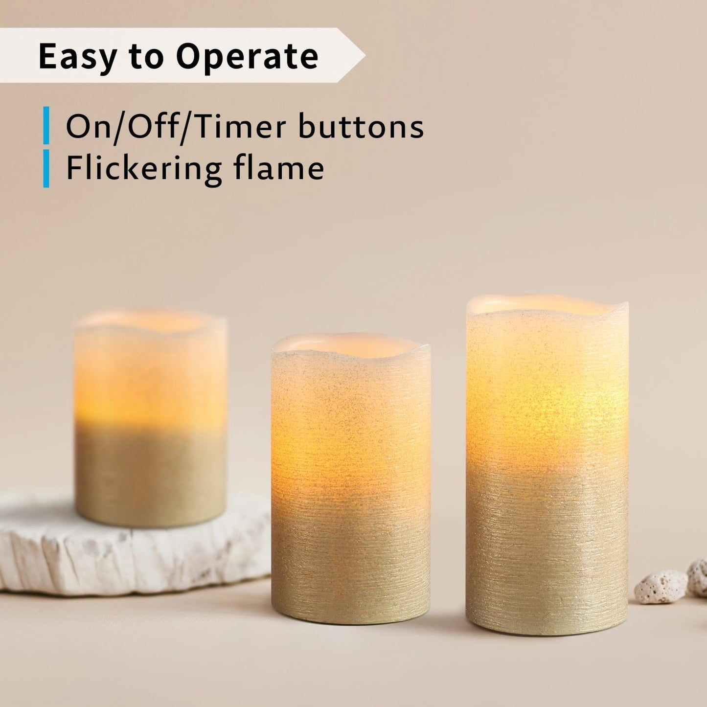 FURORA LIGHTING Gold Glitter Flameless Pillar Candles - Real Wax, 5/19 Auto Timer, Set of 3 (3x4, 3x5, 3x6), Batteries Included, Home Decor