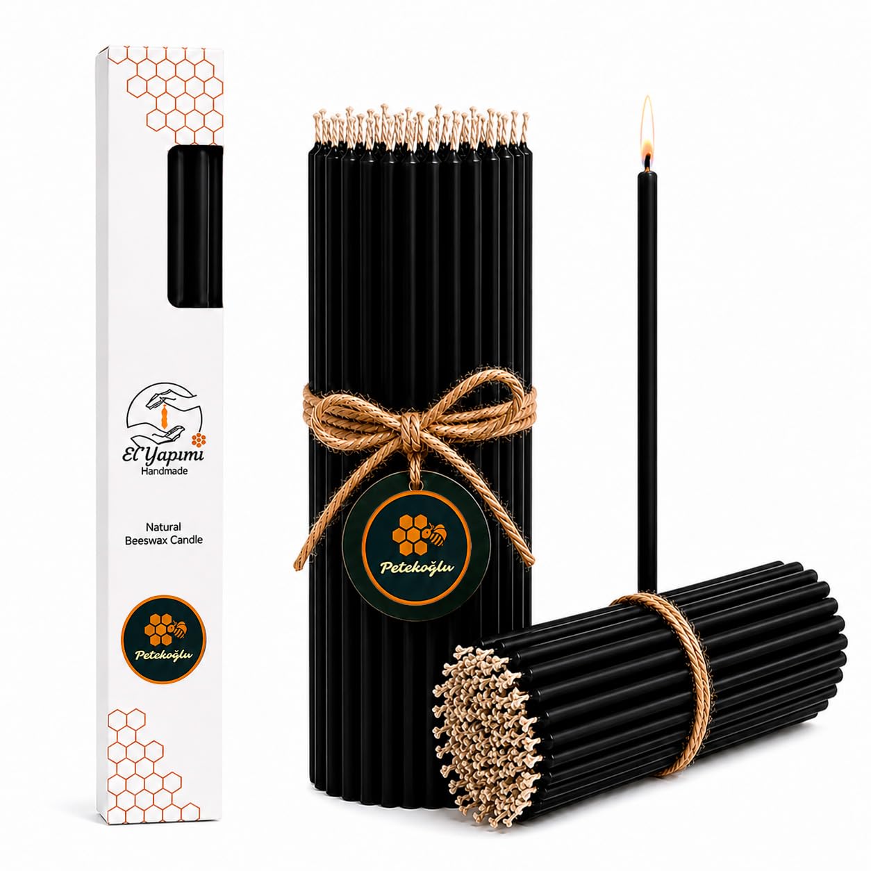 Petekoğlu 15-Pack Beeswax Wish Candles – Handcrafted, Drip-Free, Smoke-Free Slim Taper Candles for Rituals, Meditation, Birthday & Home Décor – Natural Honey Scent 7.87” x 0.24” (Black)