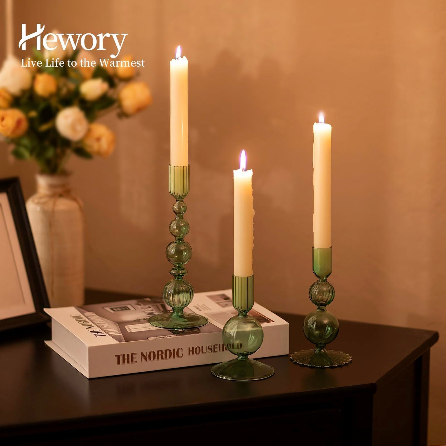 Hewory Glass Candlestick Holders Set: 3PCS Green Candle Holder Taper Candle Holders Bulk, Crystal Ribbed Candle Sticks Holder Decor for Table Centerpiece Wedding Christmas Thanksgiving Dinner
