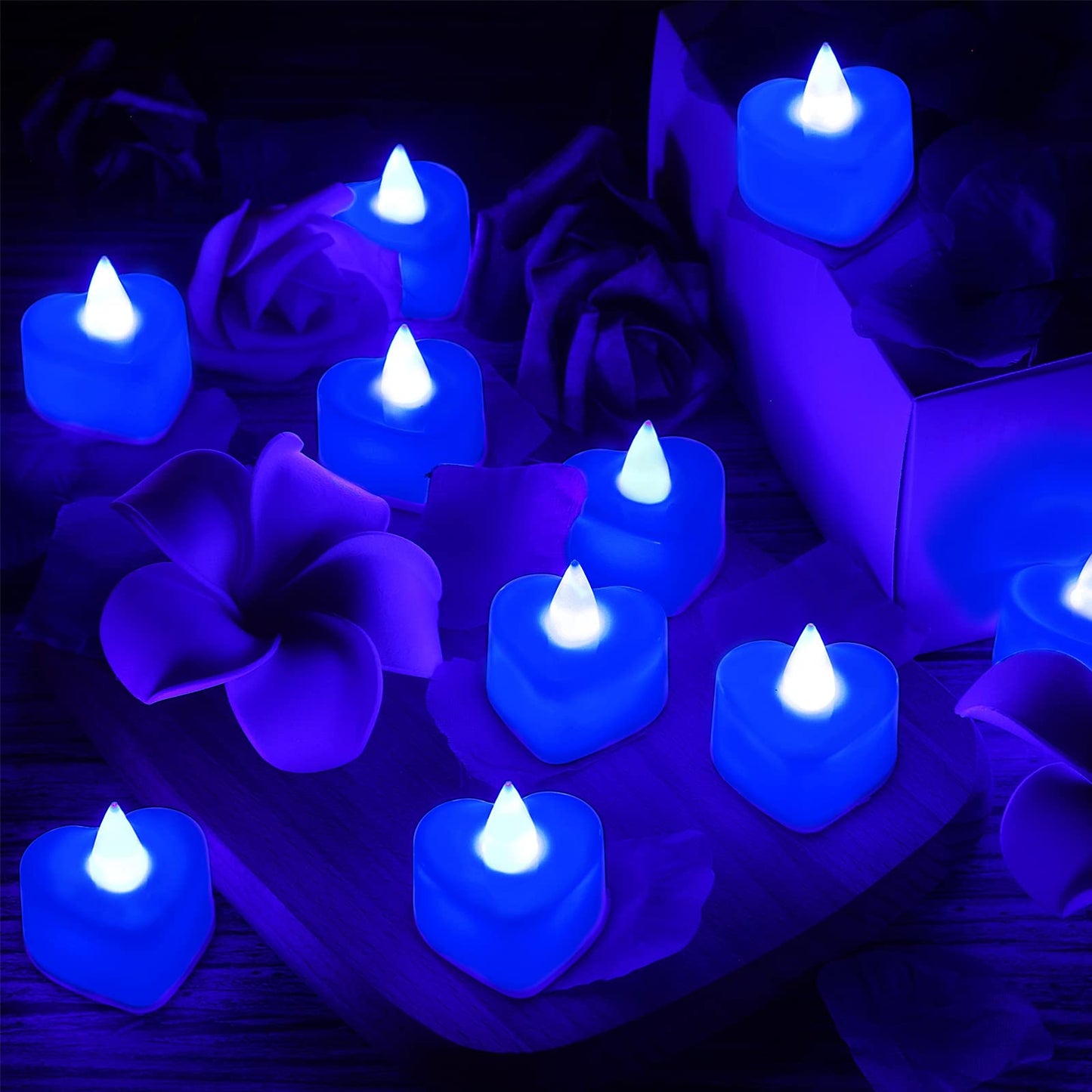 Honoson 1000 Pieces Artificial Rose Petals with 24 Pcs Flameless Heart Shaped LED Tealights Candles Special Romantic Night Decorations for Proposal Wedding Anniversary Table Decor(Blue)