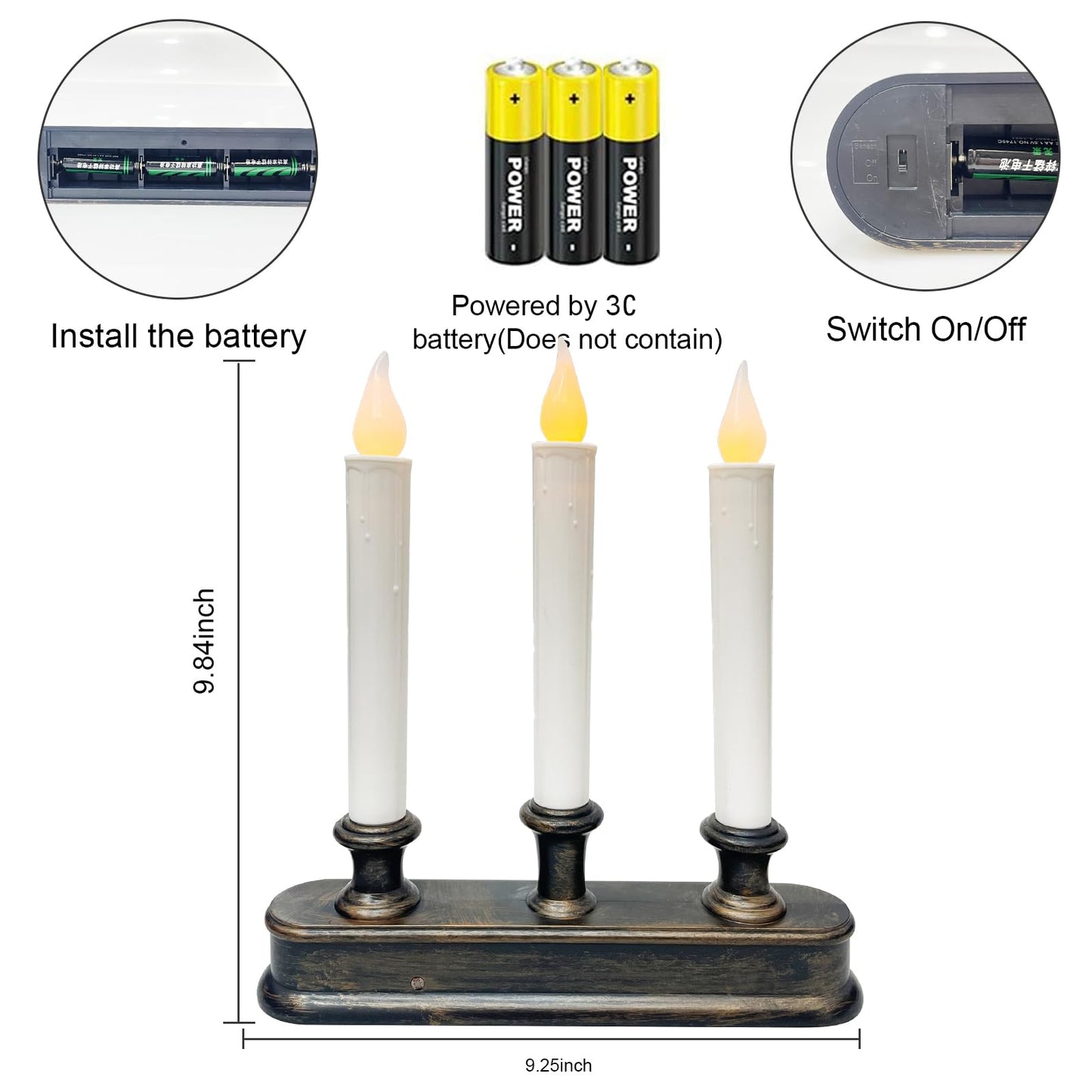 Christmas Window Candle - 3 Light Battery Operated LED Window Candelabra with Dusk to Dawn Light Sensor, Flicker Flameless Candle Lamps for Home Table Party Christmas Decoration, Bronze Base