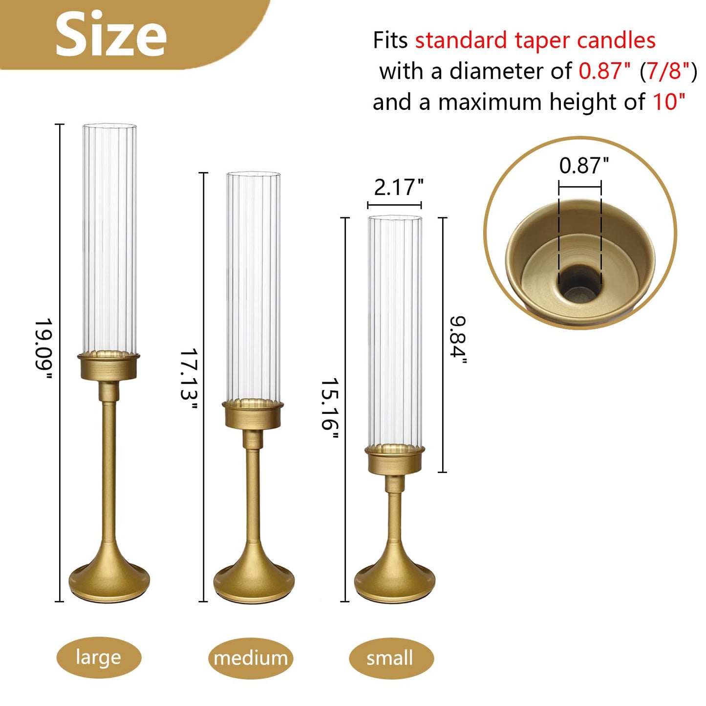 NOLIPED Gold Hurricane Candle Holders - Brass Candlestick Holders Set of 3 Tall Taper Candlesticks Fluted Glass Candle Stick Holder Decor for Wedding Party Christmas Mantel Dining Table Centerpieces