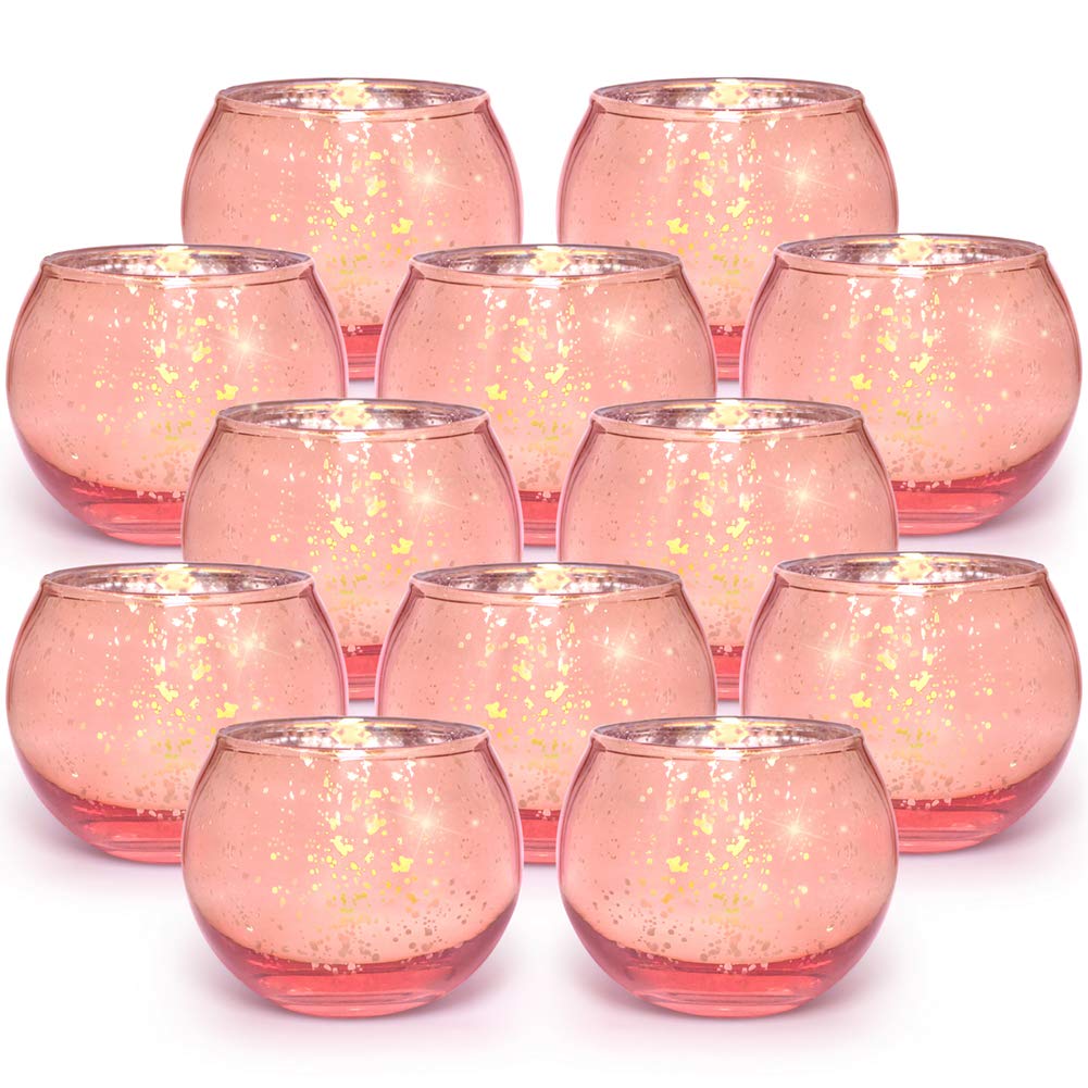 Volens Round Rose Gold Votive Candle Holders, Mercury Glass Tealight Candle Holder Set of 12