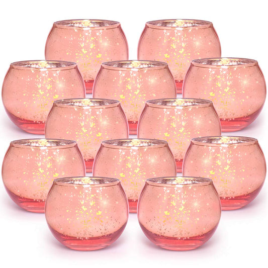 Volens Round Rose Gold Votive Candle Holders, Mercury Glass Tealight Candle Holder Set of 12