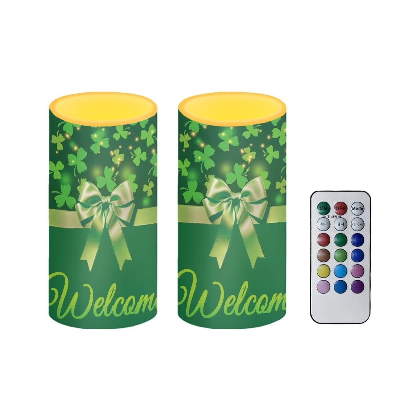 Luarisgur St Patricks Day Decor Flameless Candles Battery Candles with Remote Control Green Bow LED Pillar Candles Electric Fake Plastic Candles for Home Room Bedroom Holiday Decorations Set of 2