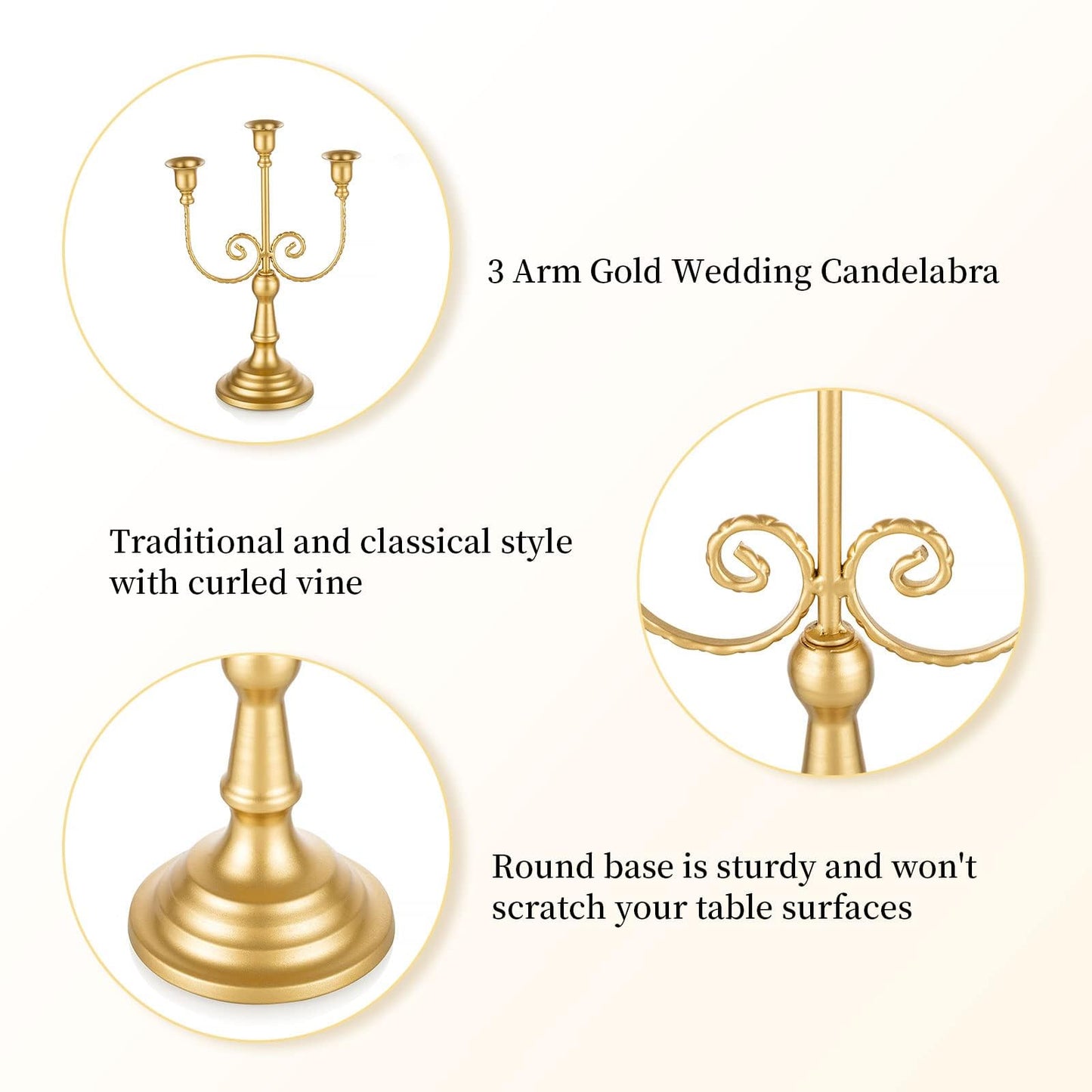 Romadedi Candelabra Gold Candle Holders - 3 Arm 11.8" Wedding Candlestick Holder for Theme Party Table Centerpiece Decor Dining Room Birthday Holiday Christmas