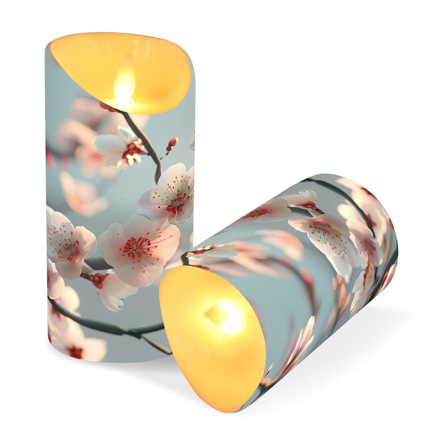 ALAZA Spring Pink White Flower Branches Flickering Flameless Candles Battery Operated with Remote Timer,Tea Light Candles LED Pillar Votive Set of 2 for Outdoor Indoor Decorations 3" x3.9"