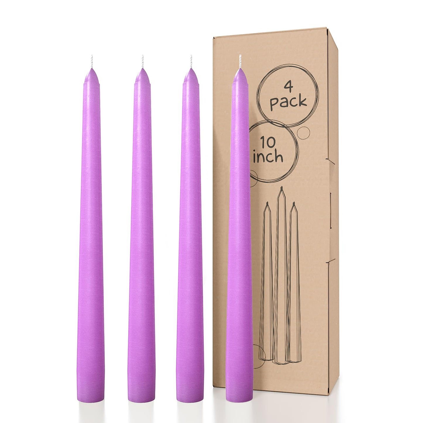 CANDWAX 10 inch Taper Lilac Candles Pack of 4 - Unscented Smokeless Dripless Tall Candlesticks - Perfect for Special Occasions, Ordinary Dinners, for Mother's Day - Lavender Candle Sticks