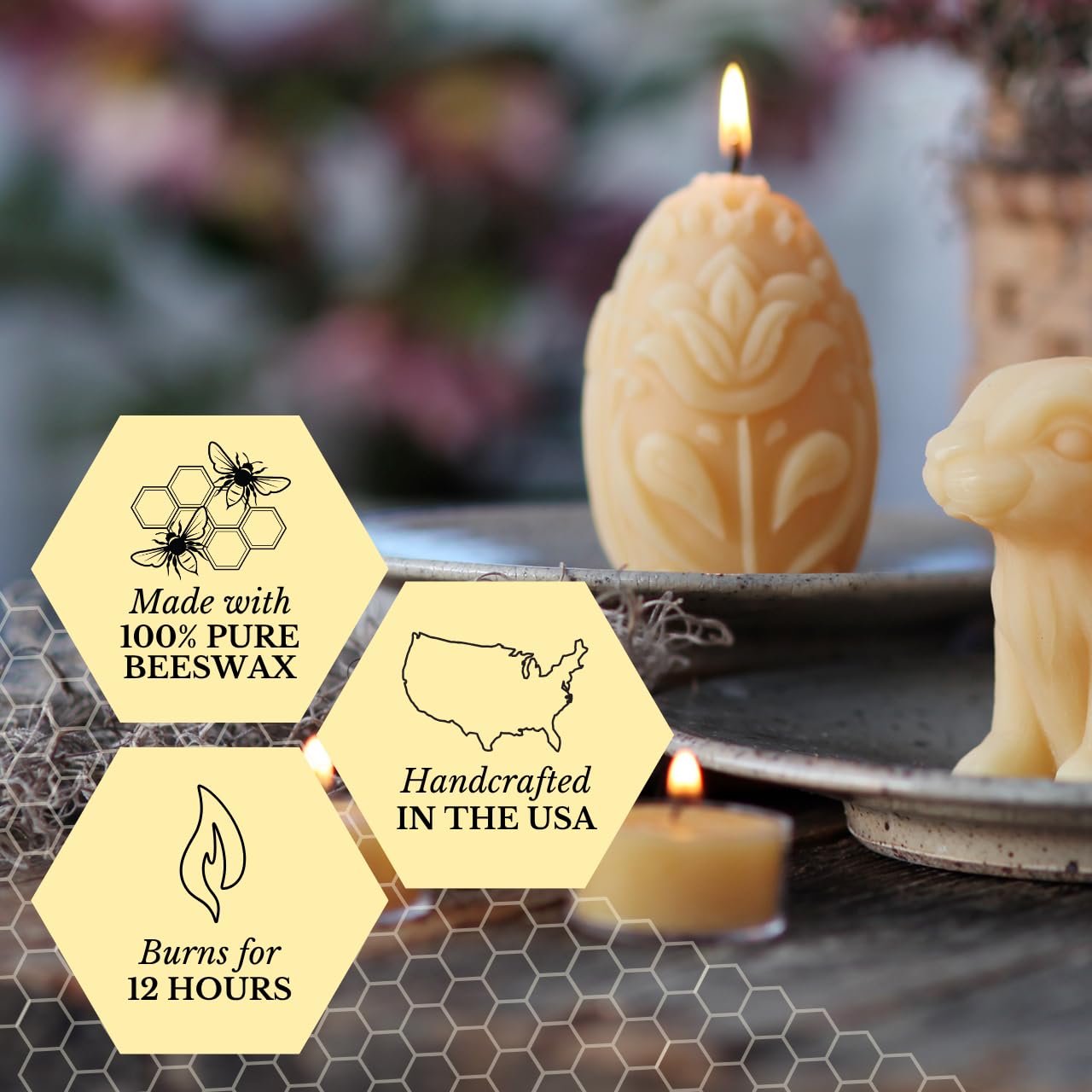 Big Dipper Wax Works Beeswax Egg Pillar Candle, 100% Pure Beeswax, 40 Hour Burn, 3.5 Inch Floral Sculpted Design, Cotton Wick, Unscented Natural Honey Aroma, Spring and Easter Decor