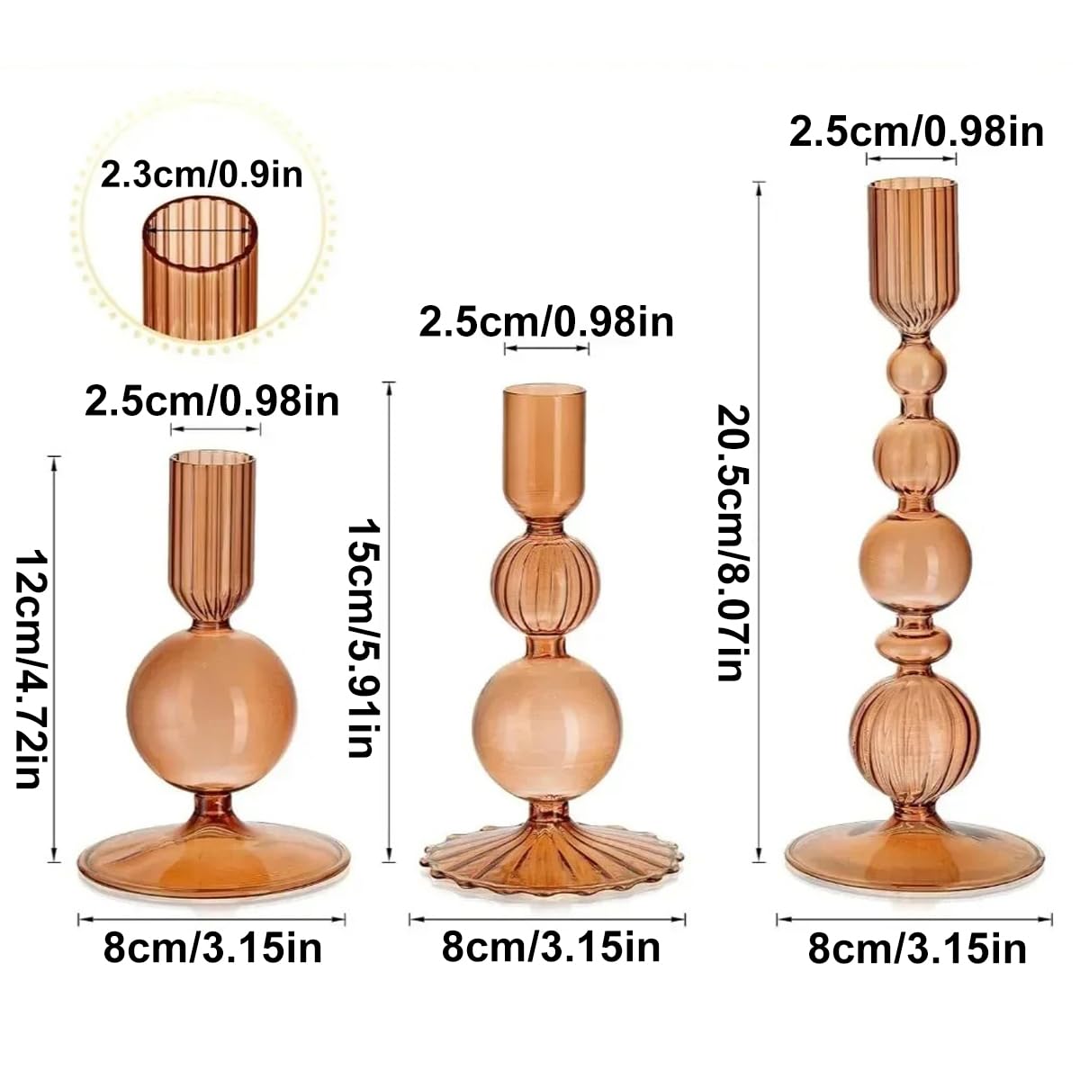 Mineaud 3Pcs Glass Candlestick Holders Glass Taper Candle Holders Groovy Wavy Elegant Candle Stick for Home Party Decoration,Brown