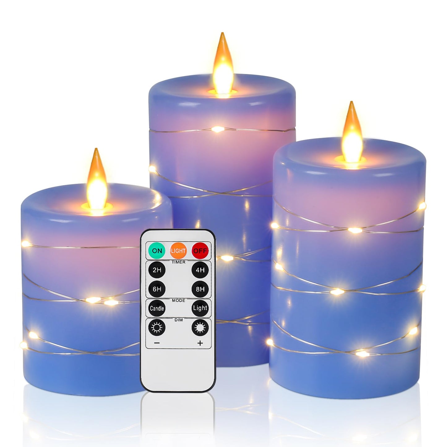 Da by 3 Pack Blue Real Wax Flameless Taper Candles, Lifelike Flickering LED Flame Candles with Surrounding Fairy String Lights, Soft Warm Battery Candles with Remote for Home Wedding Holiday Decor