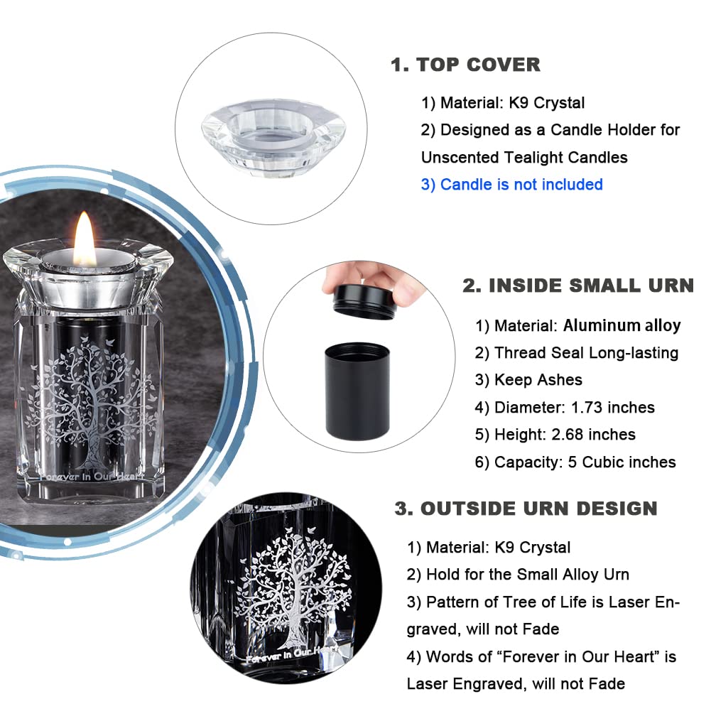 IFOLAINA Small Urn Tree of Life Mini Urns Crystal Ashes Cremation Keepsake Holder for Ashes Adult Male Human Pet Dog Remember Your Love One Lost