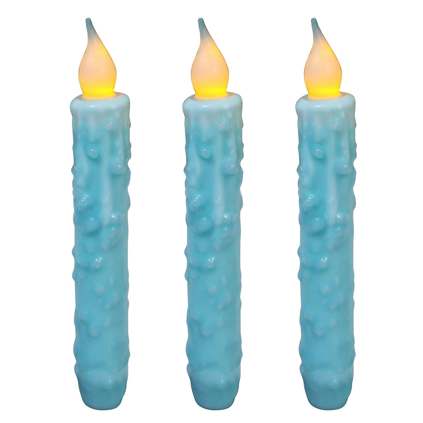 CVHOMEDECO. Real Wax Hand Dipped Battery Operated LED Timer Taper Candles Rustic Primitive Flameless Lights Decor, 6-3/4 Inch, Teal, 3 PCS in a Package